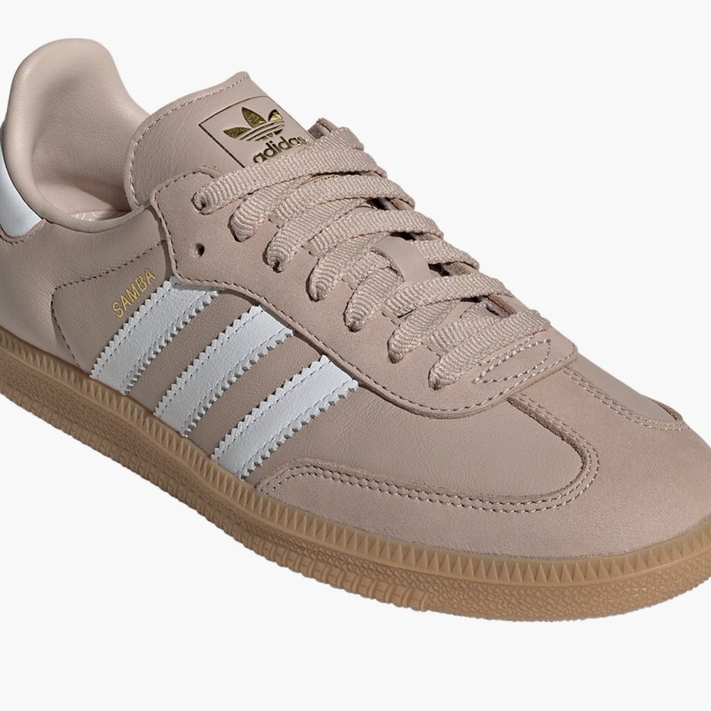 Adidas Samba OG sneaker in Wonder Taupe with white stripes and a gum sole.